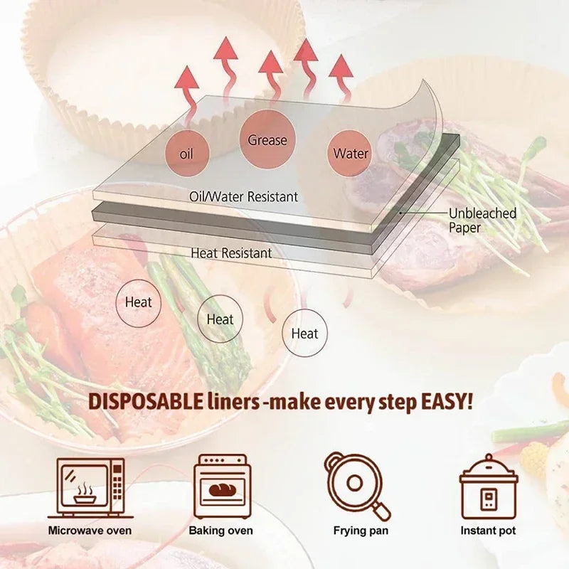 Envases desechables para freidora de aire, doble cara  – Moldes antiadherentes  para hornear (multiuso también para horno convencional), en diferentes presentaciones y medidas.