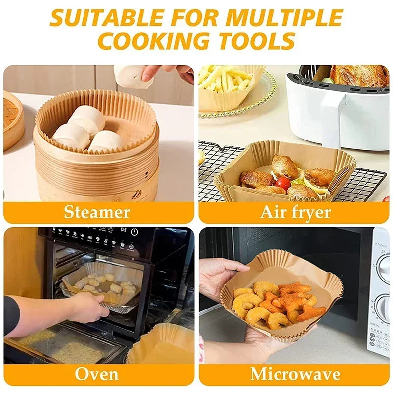 Envases desechables para freidora de aire, doble cara  – Moldes antiadherentes  para hornear (multiuso también para horno convencional), en diferentes presentaciones y medidas.