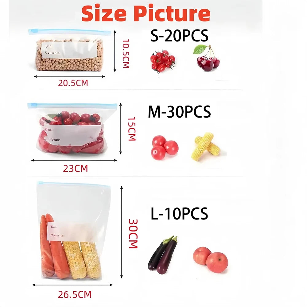 Bolsas Reutilizables para Almacenamiento de Alimentos con Cierre de alta resistencia, Bolsas herméticas reutilizables para alimentos( Pack variado) , Bolsas hermeticas y frescas para Refrigerador