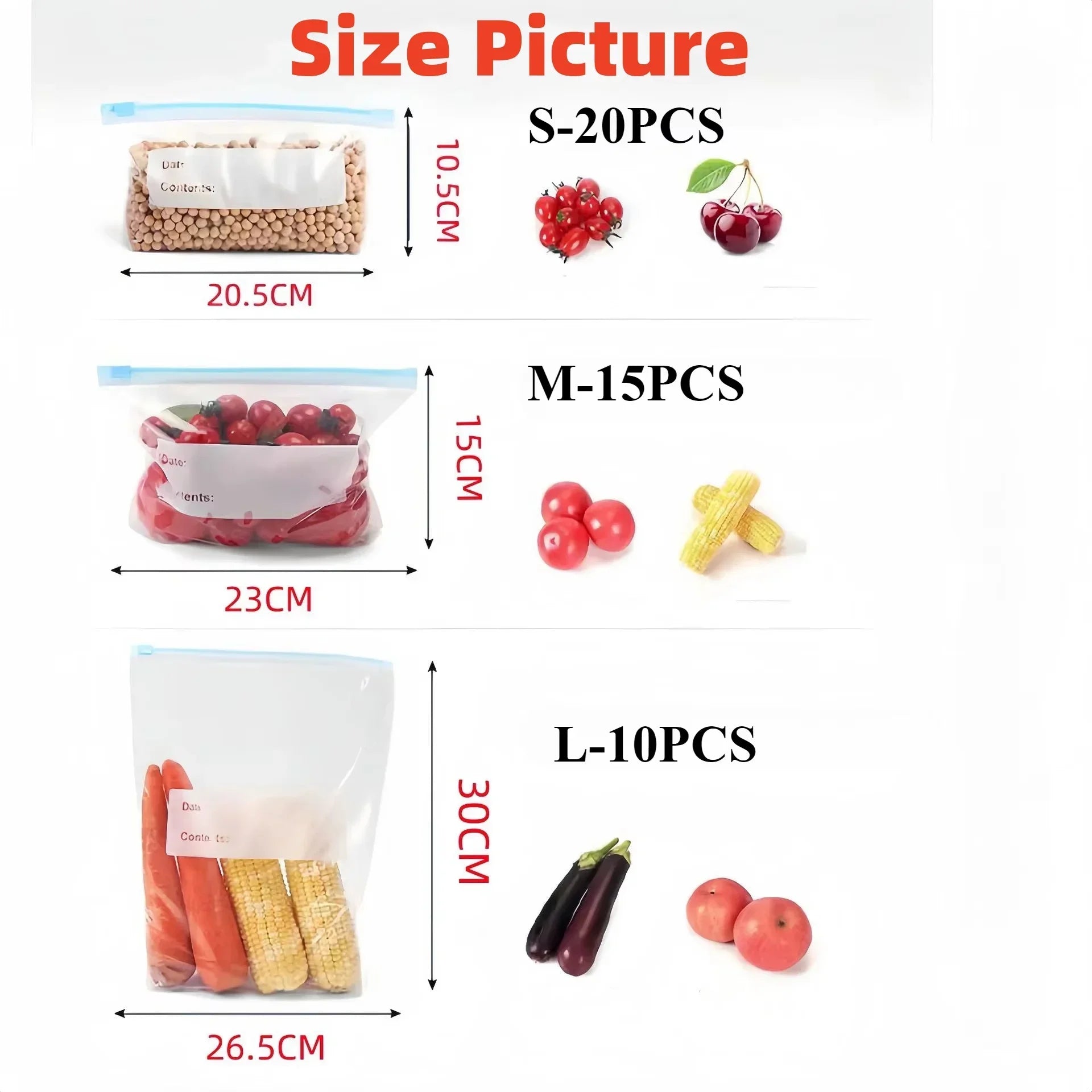 Bolsas Reutilizables para Almacenamiento de Alimentos con Cierre de alta resistencia, Bolsas herméticas reutilizables para alimentos( Pack variado) , Bolsas hermeticas y frescas para Refrigerador