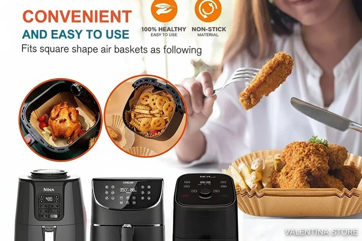 Envases desechables para freidora de aire, doble cara  – Moldes antiadherentes  para hornear (multiuso también para horno convencional), en diferentes presentaciones y medidas.