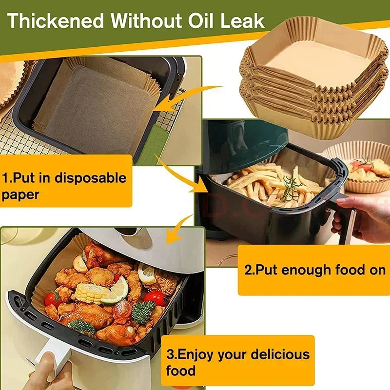 Envases desechables para freidora de aire, doble cara  – Moldes antiadherentes  para hornear (multiuso también para horno convencional), en diferentes presentaciones y medidas.