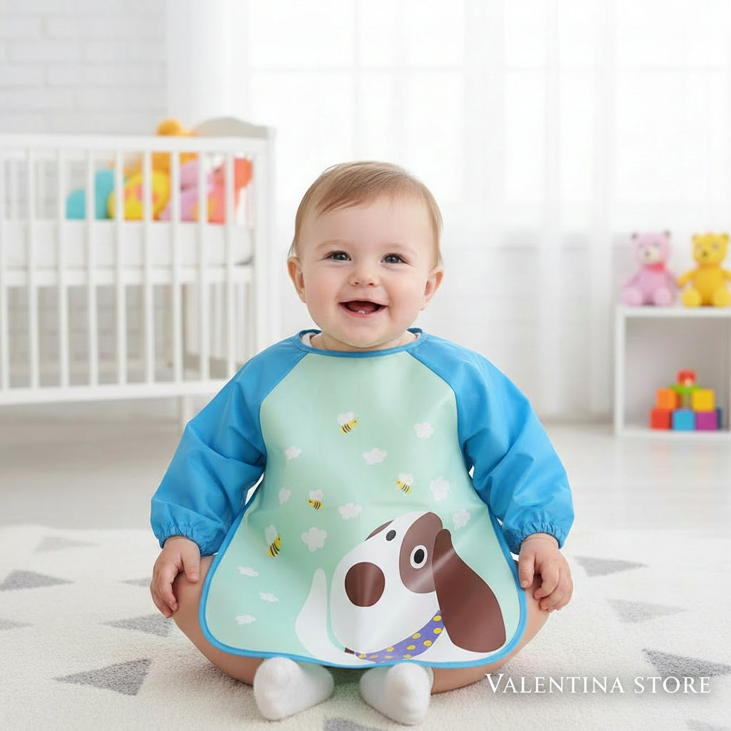 BABERO IMPERMEABLE CON MANGAS LARGAS PARA EDAD DE 1-3 AÑOS, ESTAMPADO PERRITO