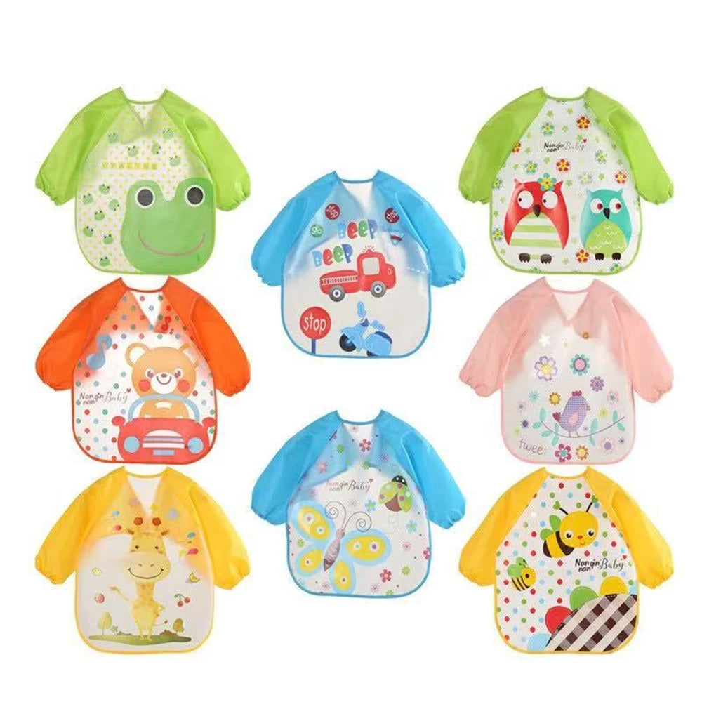 Babero antifluido y derrames, impermeable de EVA para bebé de 0 a 3 años de manga larga con correa ,alimentación suave a prueba de suciedad, con hermosos estampados animados.