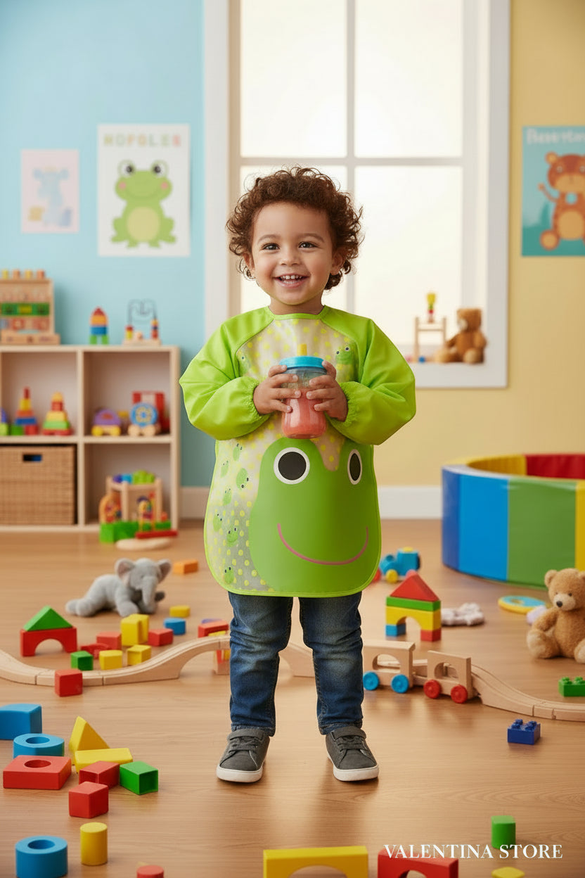 BABERO IMPERMEABLE CON MANGAS LARGAS PARA EDAD DE 1-3 AÑOS, ESTAMPADO  RANITA