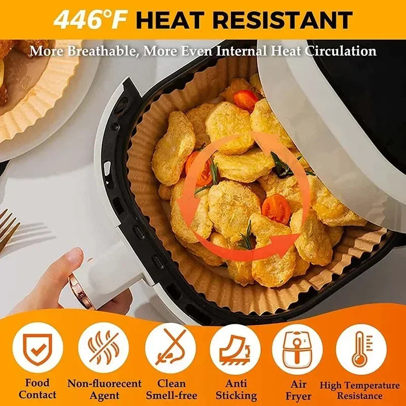 Envases desechables para freidora de aire, doble cara  – Moldes antiadherentes  para hornear (multiuso también para horno convencional), en diferentes presentaciones y medidas.
